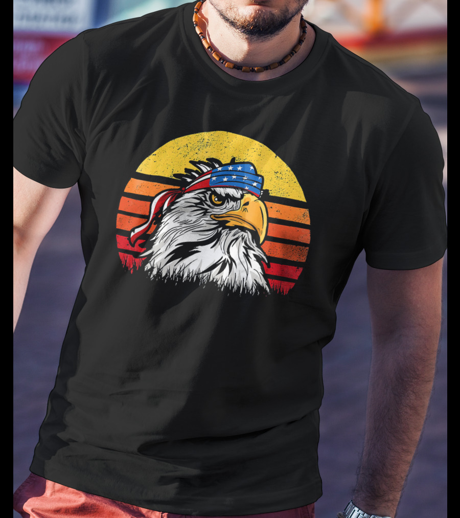 Retro Mullet Eagle With American Flag Bandana And Sunburst Patriotic T-Shirt