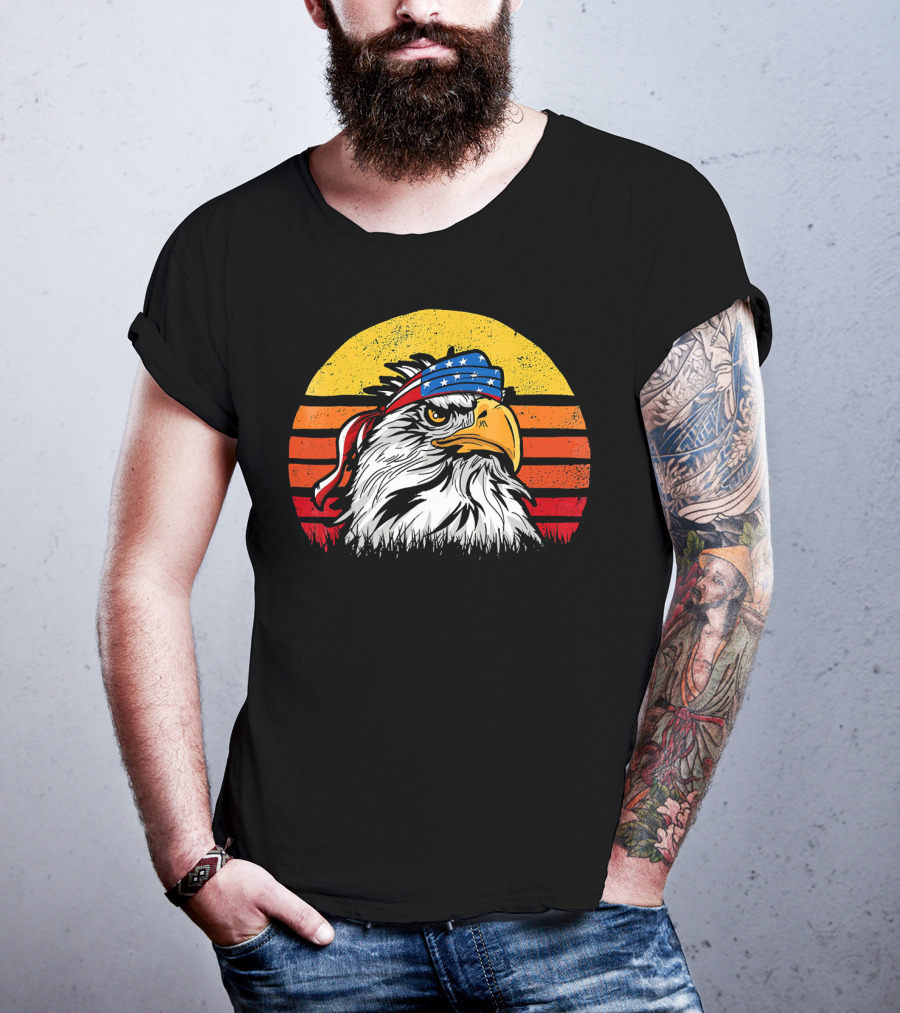 Retro Mullet Eagle With American Flag Bandana And Sunburst Patriotic T-Shirt