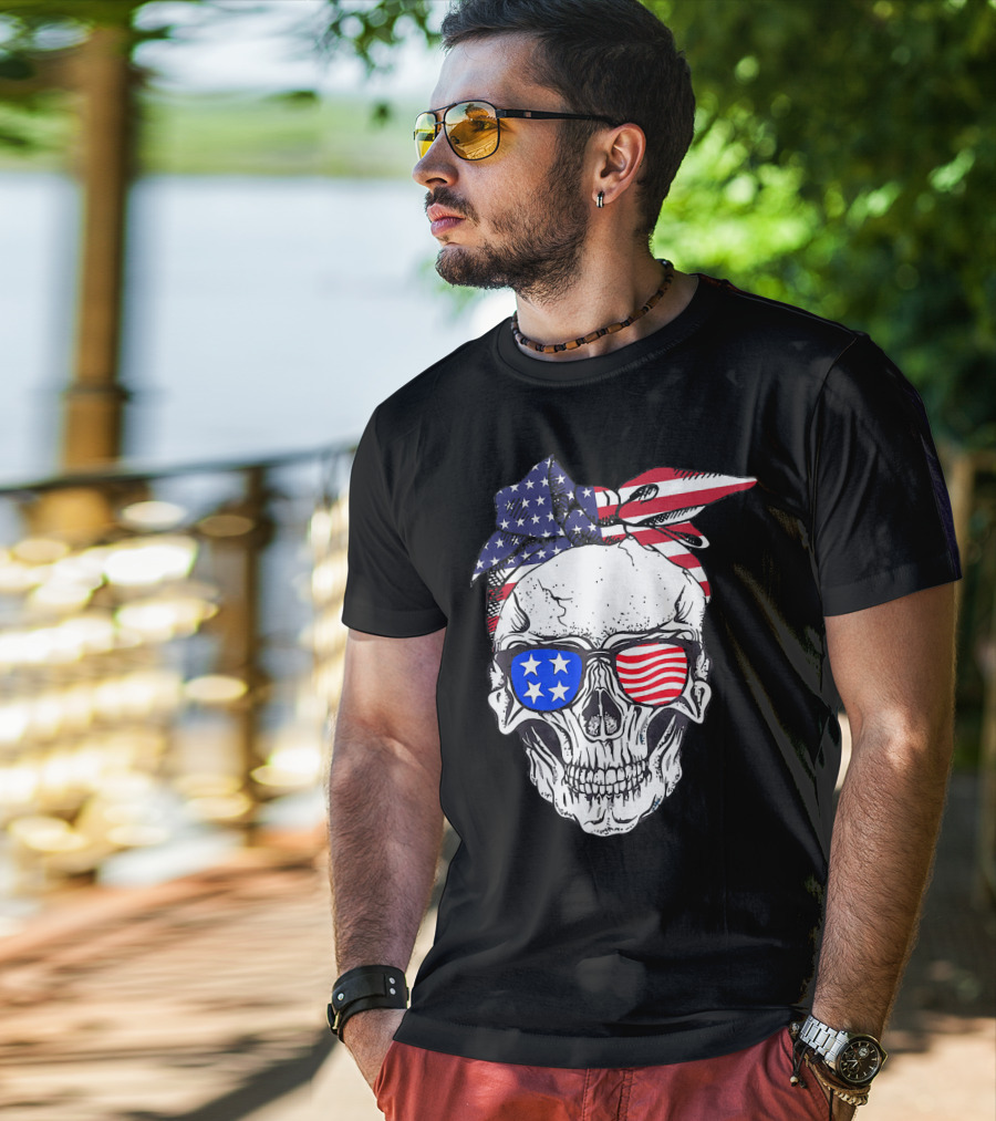 Patriotic Skull American Flag Bandana Sunglasses T-Shirt