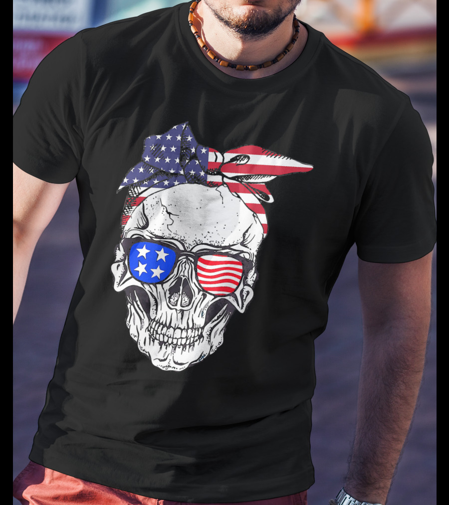 Patriotic Skull American Flag Bandana Sunglasses T-Shirt
