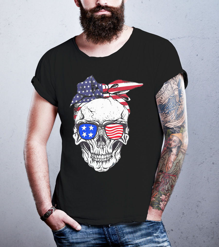 Patriotic Skull American Flag Bandana Sunglasses T-Shirt