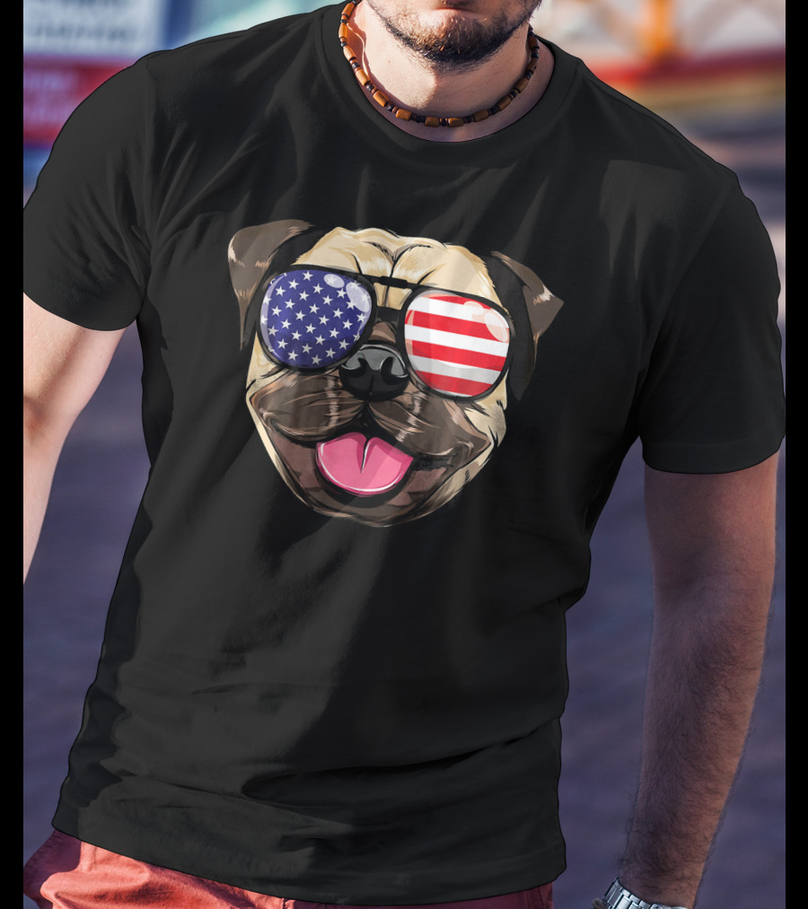 Pug Dog With American Flag Sunglasses Patriotic T-Shirt