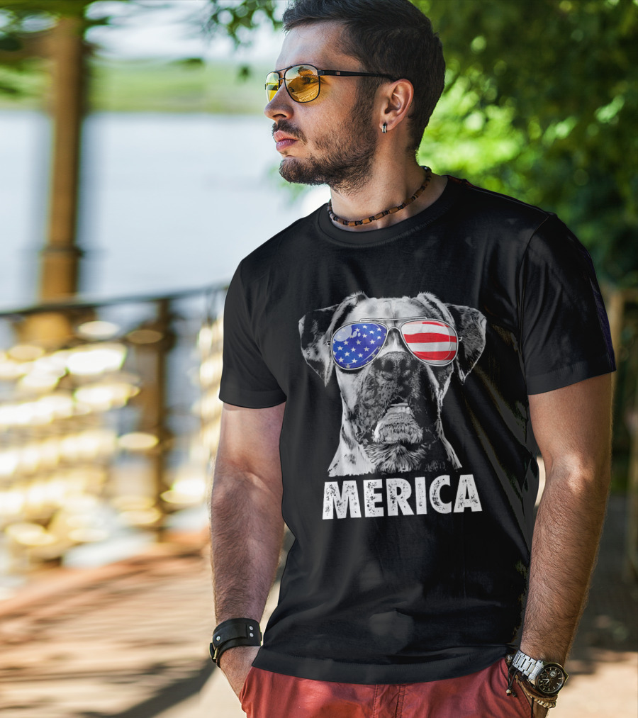 Merica Boxer Dog With American Flag Sunglasses T-Shirt