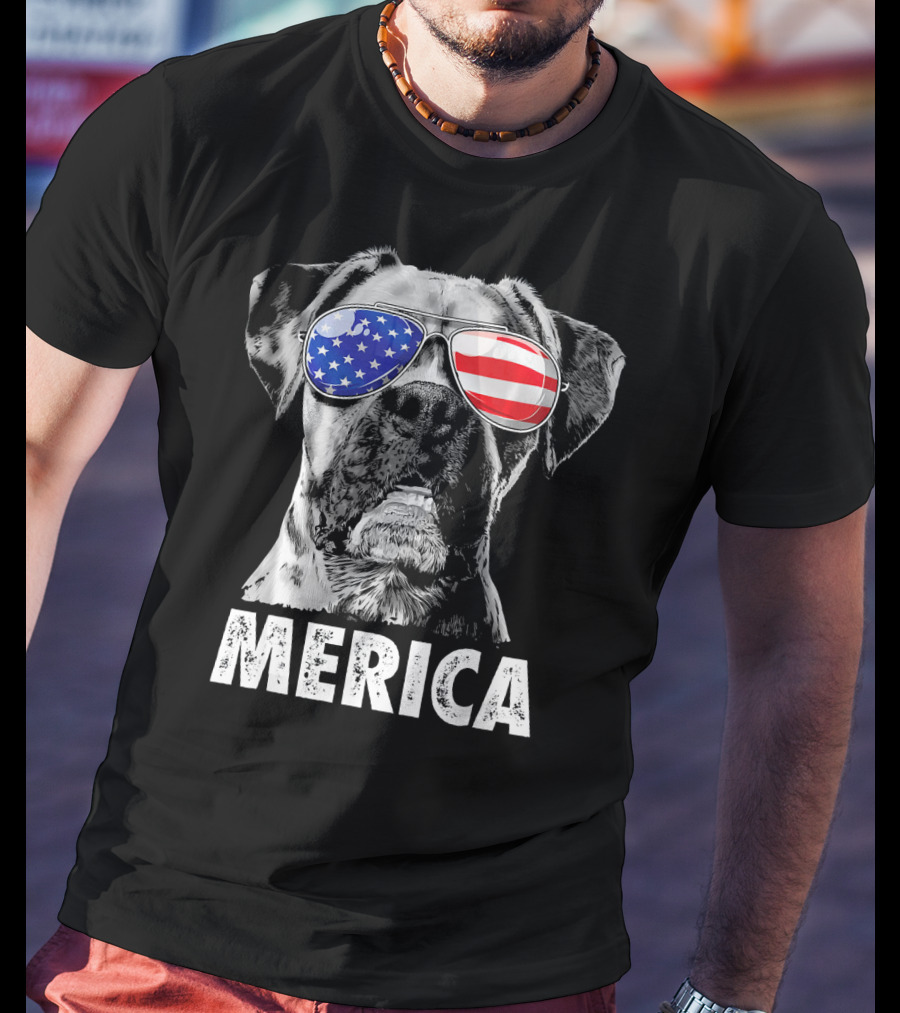Merica Boxer Dog With American Flag Sunglasses T-Shirt