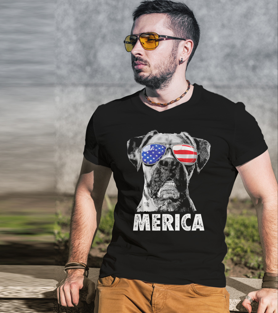 Merica Boxer Dog With American Flag Sunglasses T-Shirt