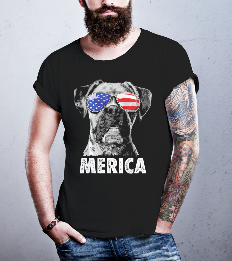 Merica Boxer Dog With American Flag Sunglasses T-Shirt