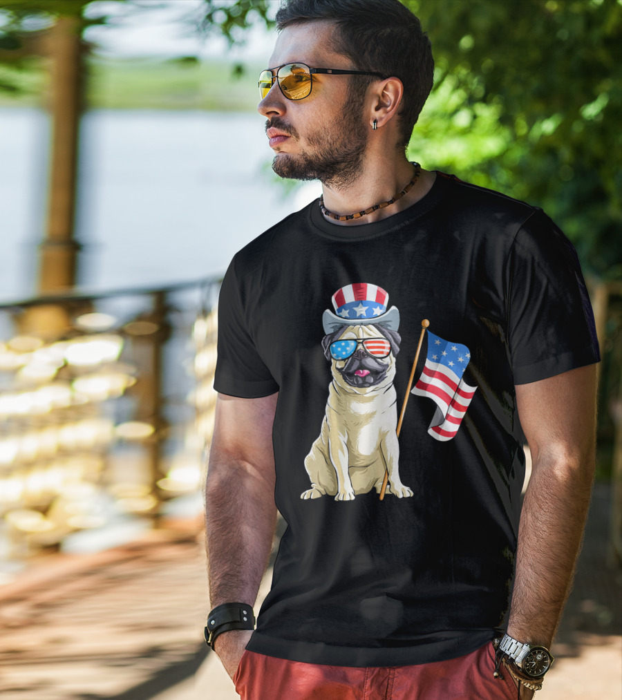 Pug In Patriotic Hat And Sunglasses Holding American Flag T-Shirt