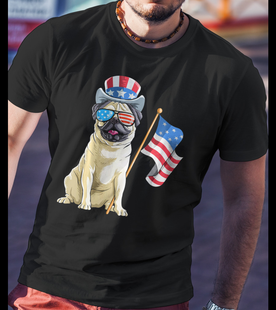 Pug In Patriotic Hat And Sunglasses Holding American Flag T-Shirt