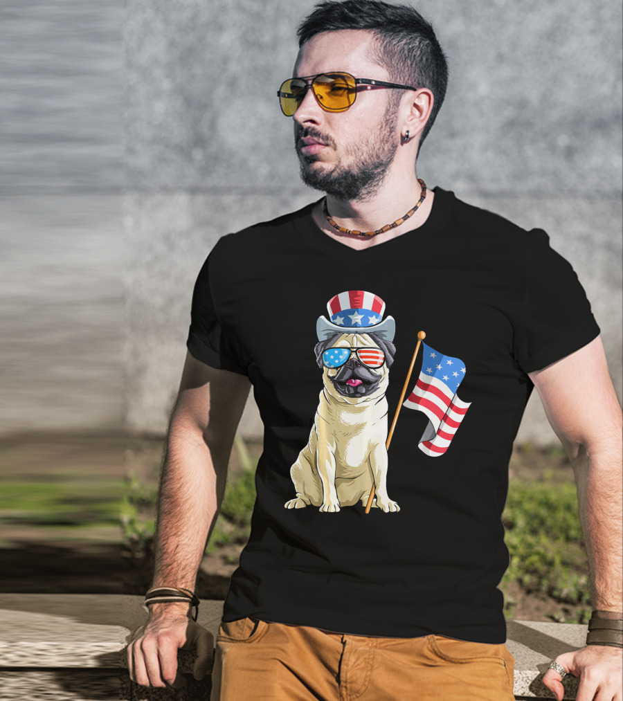 Pug In Patriotic Hat And Sunglasses Holding American Flag T-Shirt