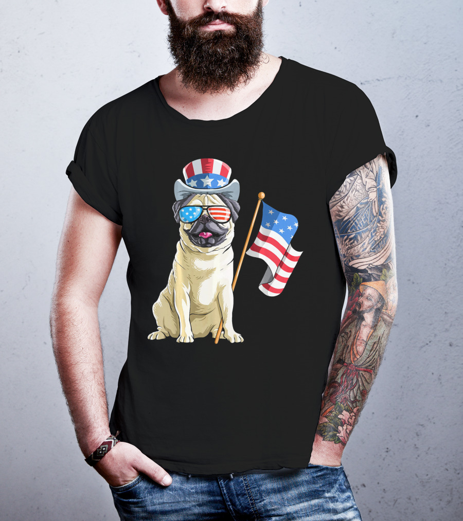 Pug In Patriotic Hat And Sunglasses Holding American Flag T-Shirt