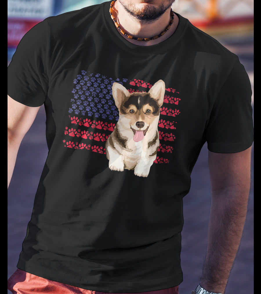 American Flag Corgi Dog With Paw Prints T-Shirt