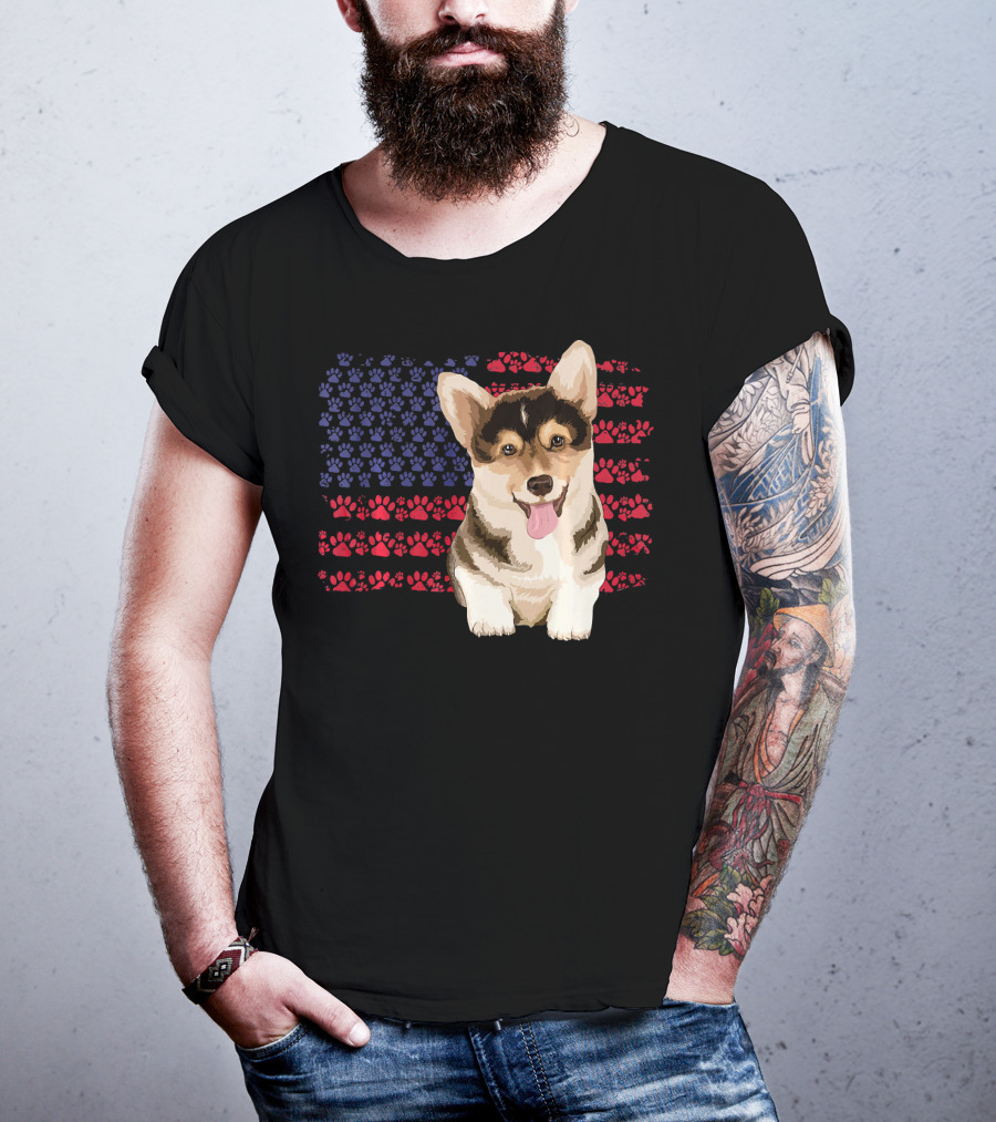 American Flag Corgi Dog With Paw Prints T-Shirt