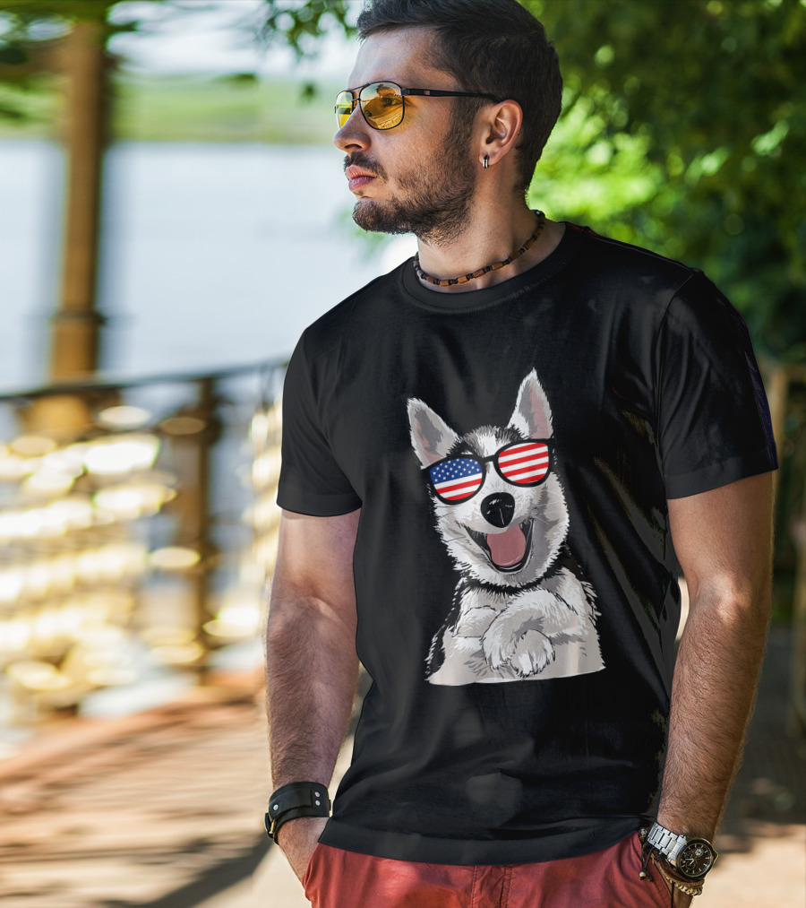 Patriotic Dog Husky With American Flag Sunglasses T-Shirt