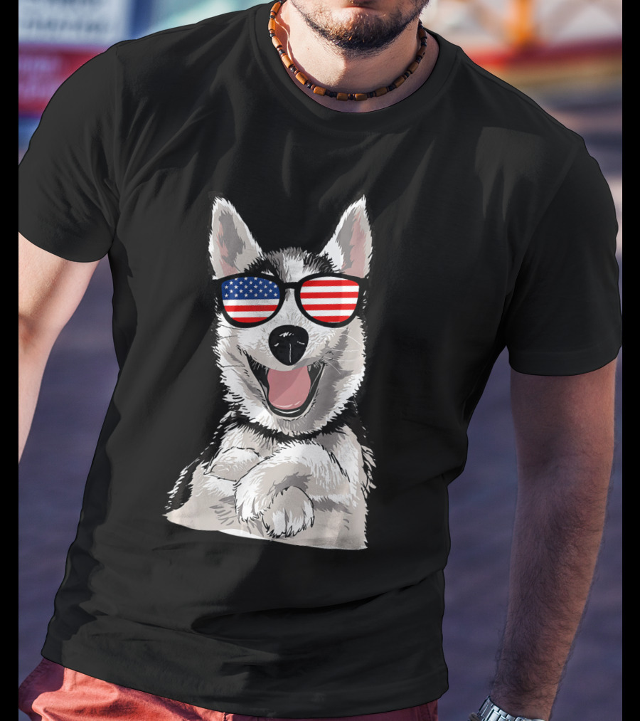 Patriotic Dog Husky With American Flag Sunglasses T-Shirt