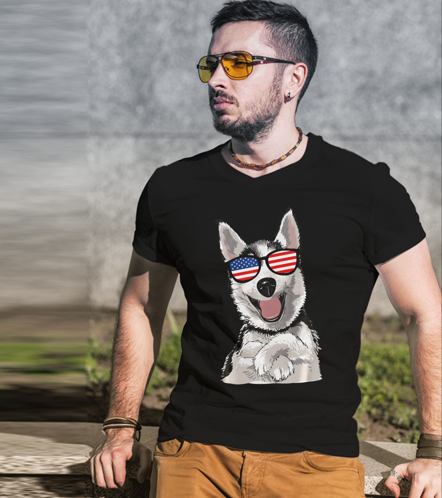 Patriotic Dog Husky With American Flag Sunglasses T-Shirt