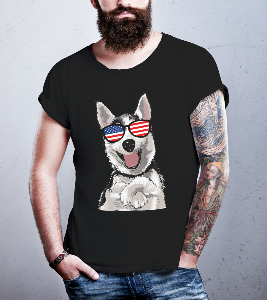 Patriotic Dog Husky With American Flag Sunglasses T-Shirt