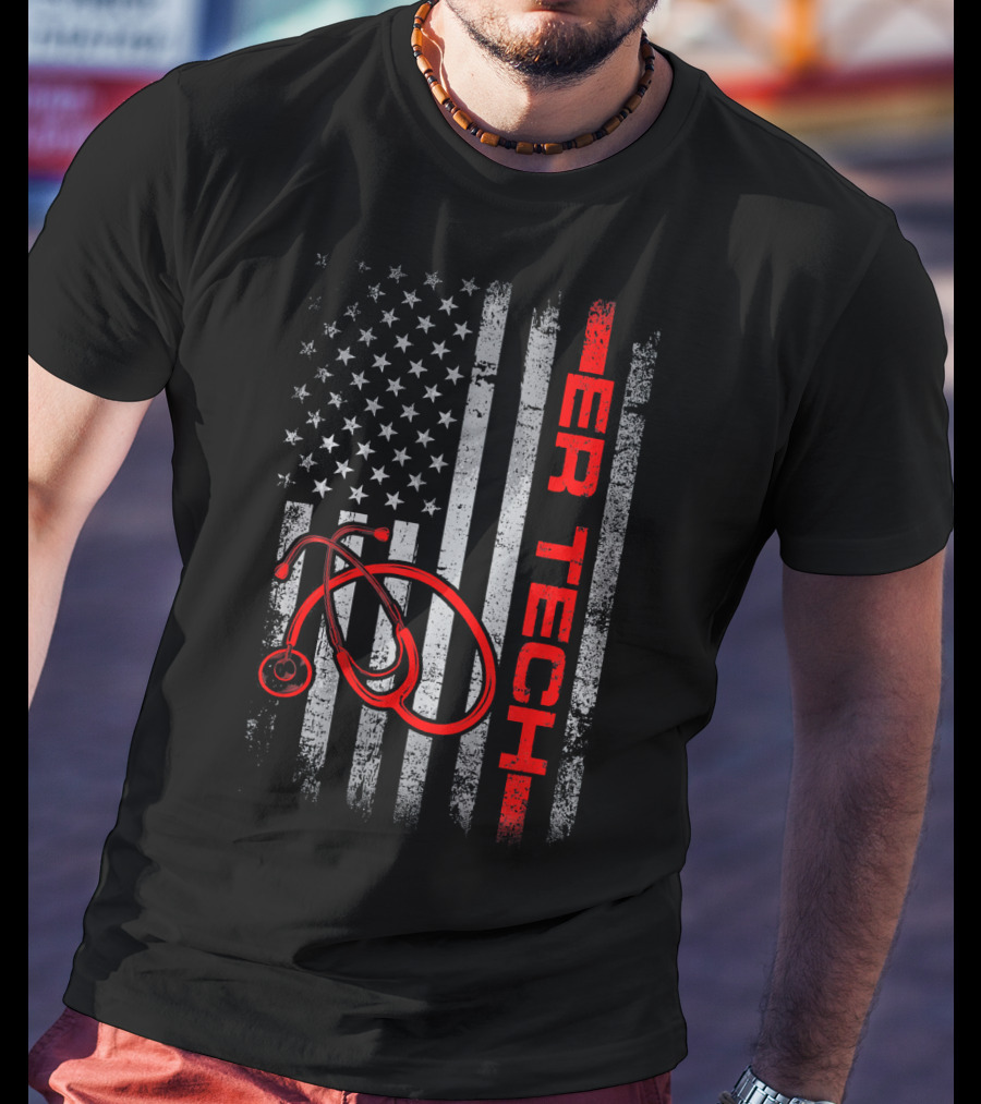 American Flag ER Tech Patriotic Stethoscope Nurse T-Shirt