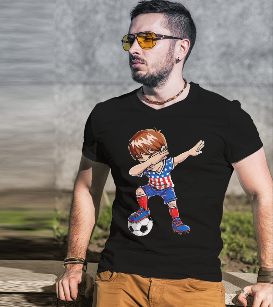 Dabbing Soccer Boy With American Flag Jersey T-Shirt