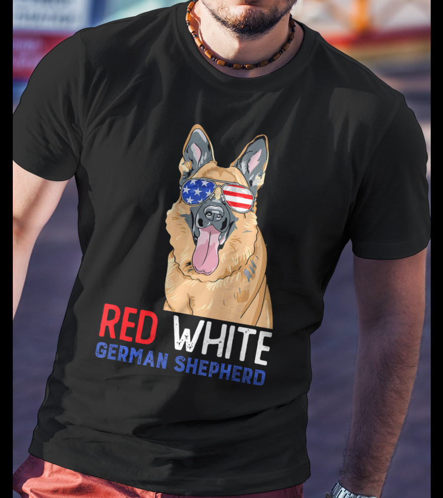 Red White German Shepherd USA Sunglasses Stars Stripes T-Shirt