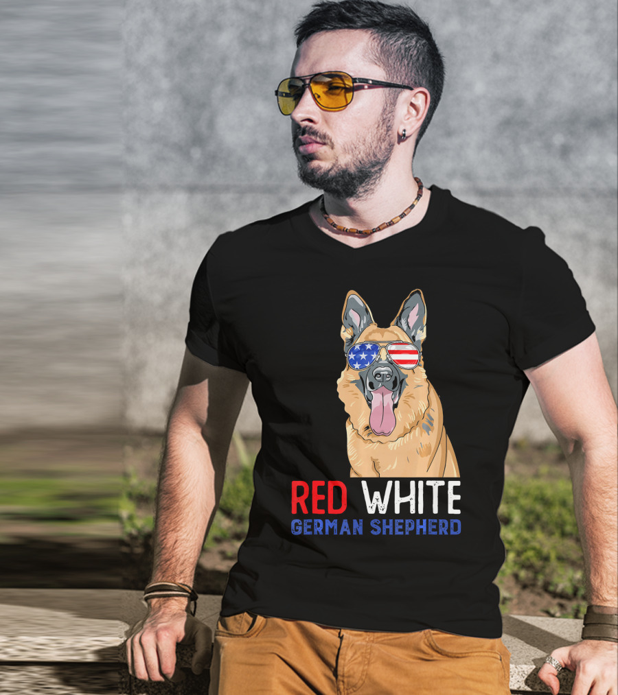 Red White German Shepherd USA Sunglasses Stars Stripes T-Shirt