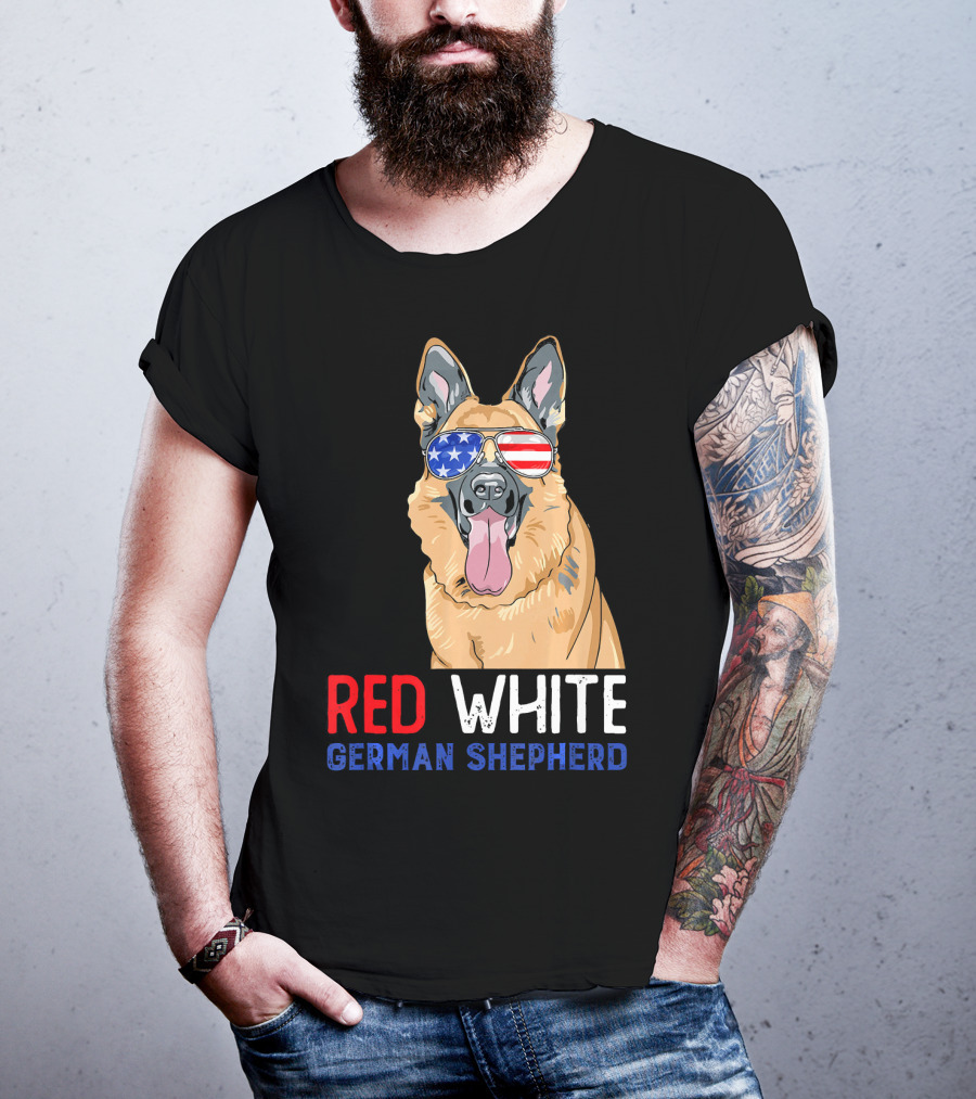 Red White German Shepherd USA Sunglasses Stars Stripes T-Shirt