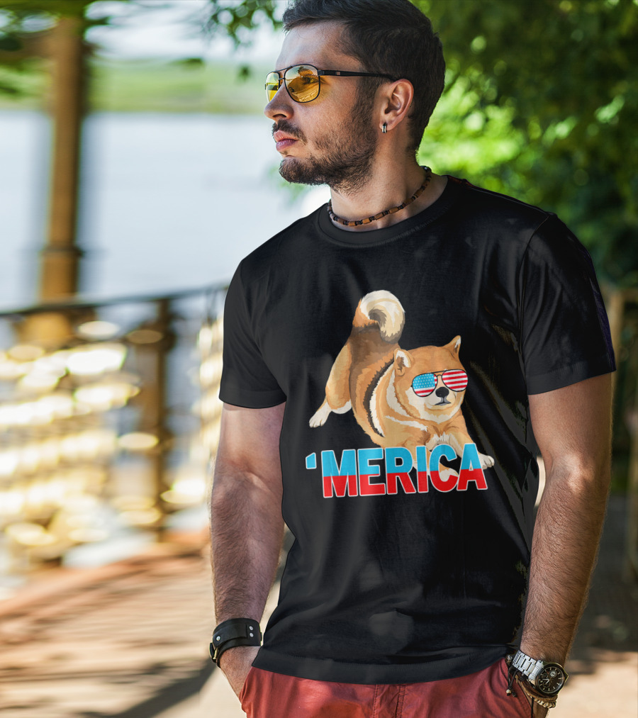 Merica Shiba Inu With American Flag Sunglasses T-Shirt