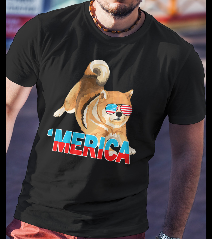 Merica Shiba Inu With American Flag Sunglasses T-Shirt