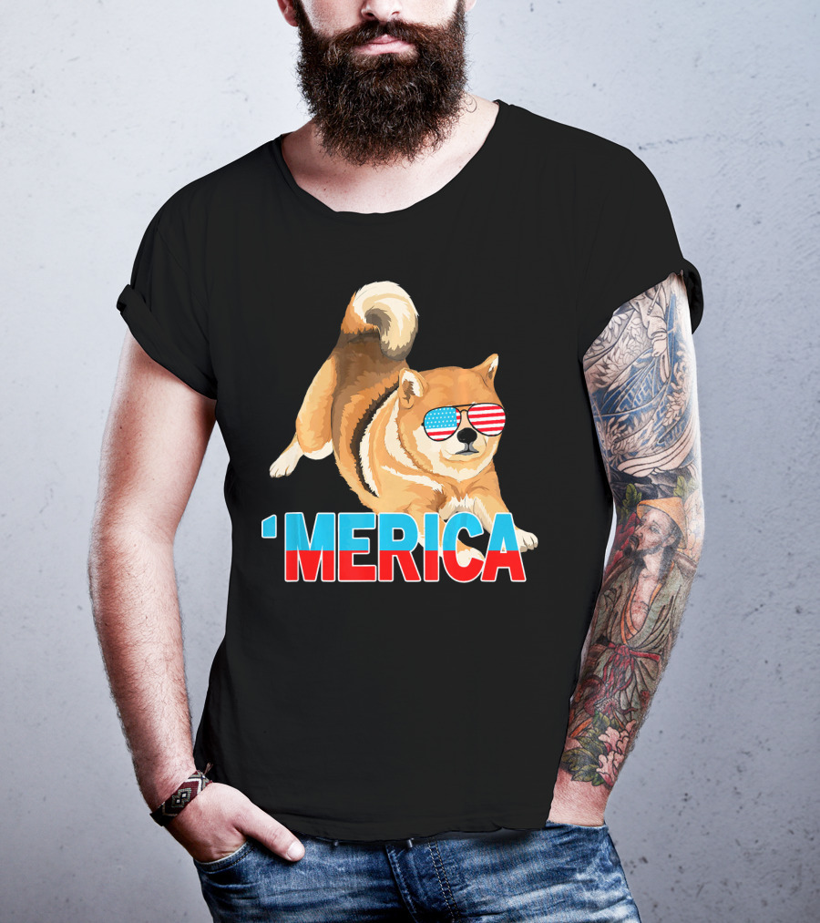 Merica Shiba Inu With American Flag Sunglasses T-Shirt