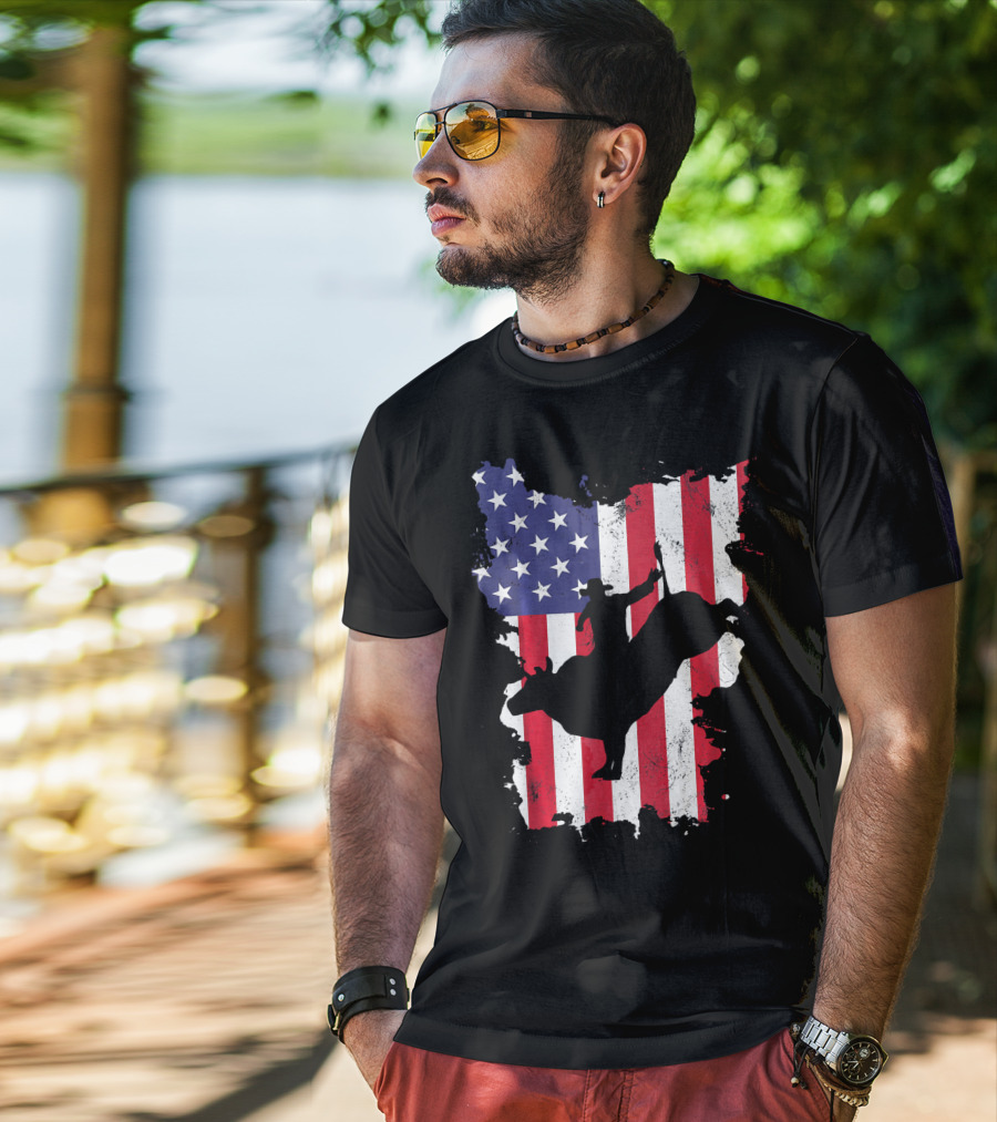 Bull Riding Cowboy Silhouette USA Flag T-Shirt