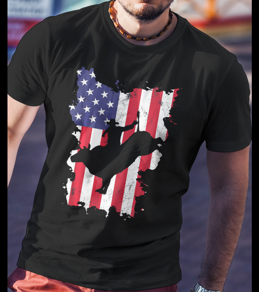 Bull Riding Cowboy Silhouette USA Flag T-Shirt