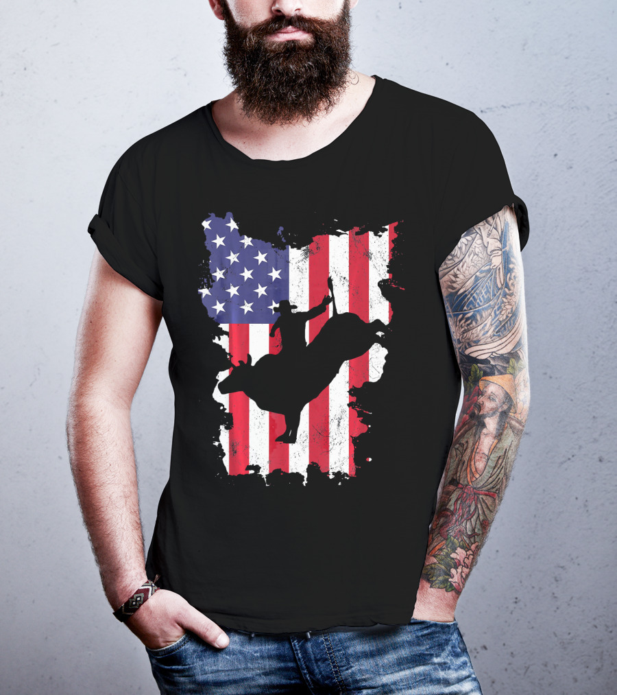 Bull Riding Cowboy Silhouette USA Flag T-Shirt
