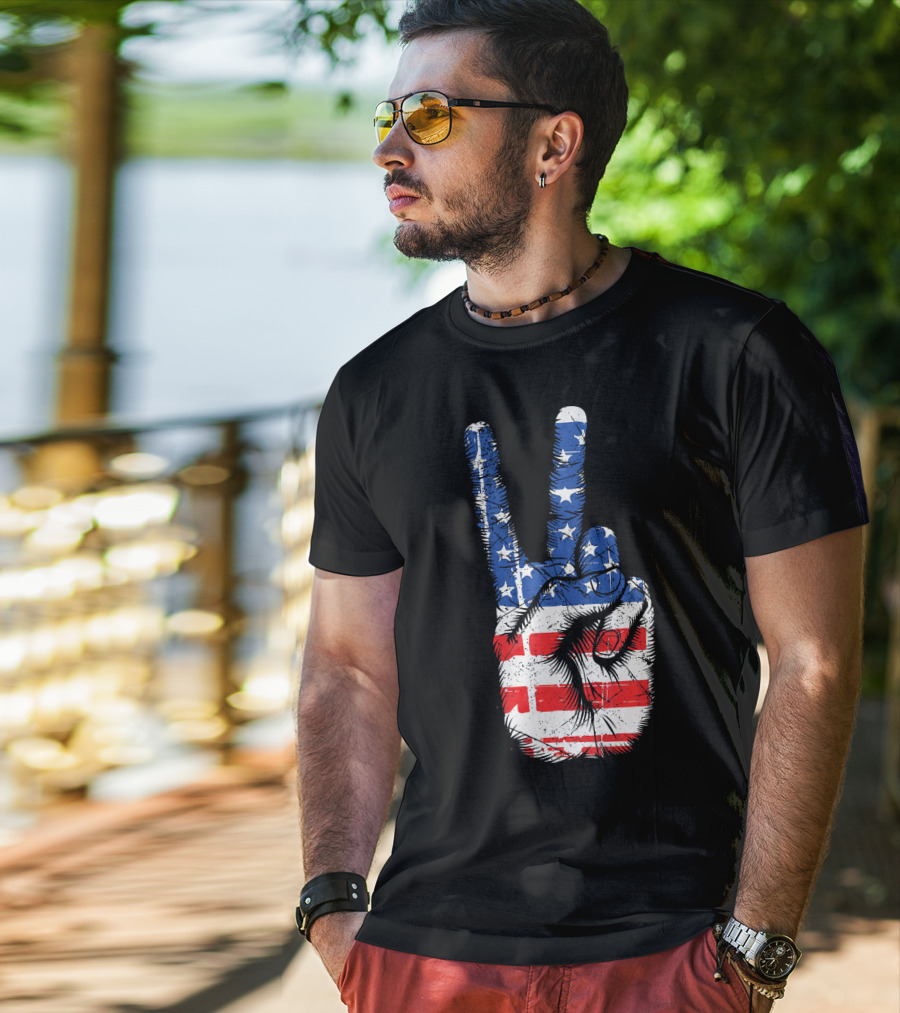 American Flag Peace Sign Hand Gesture T-Shirt