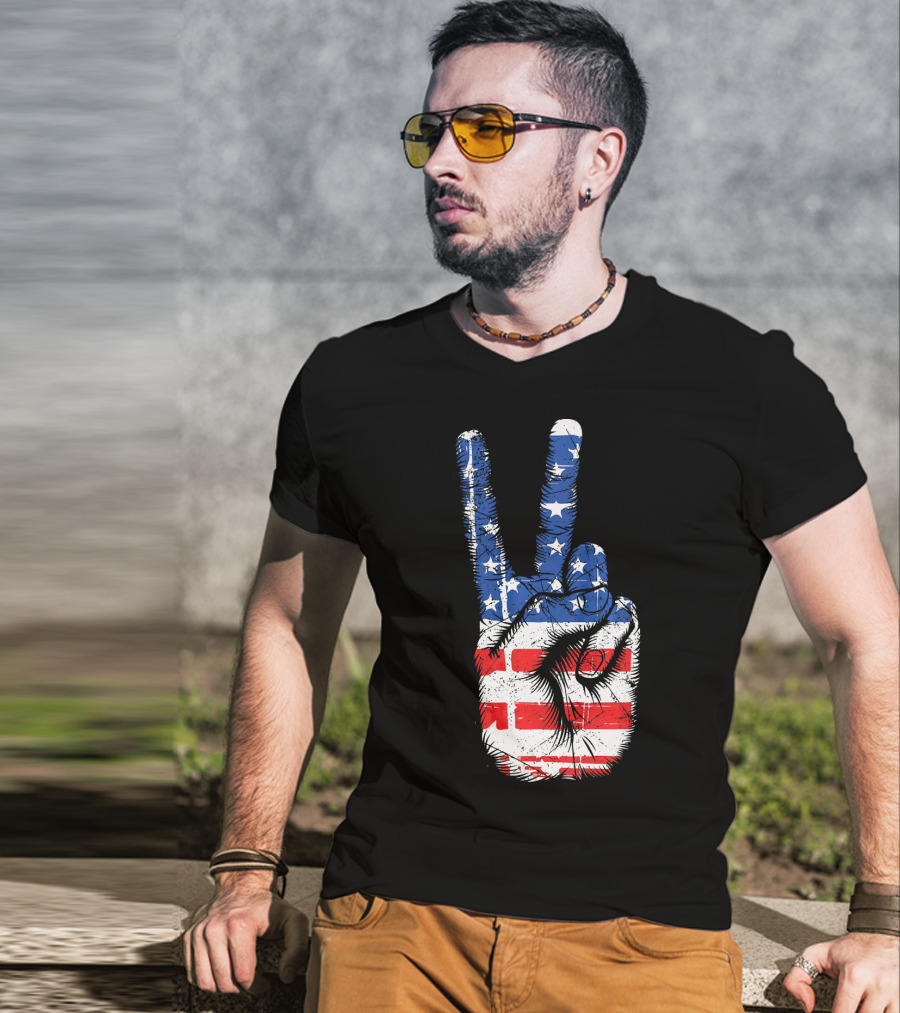 American Flag Peace Sign Hand Gesture T-Shirt