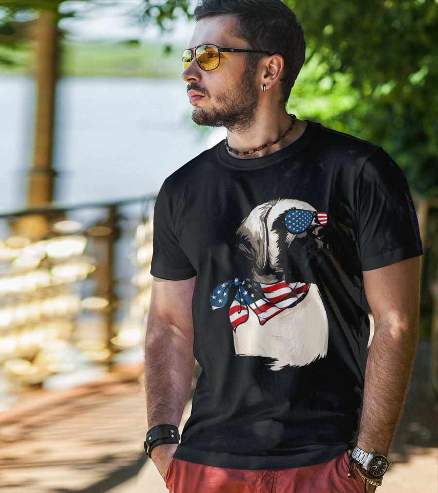 American Flag English Mastiff With Patriotic Stars And Stripes Sunglasses And Scarf T-Shirt