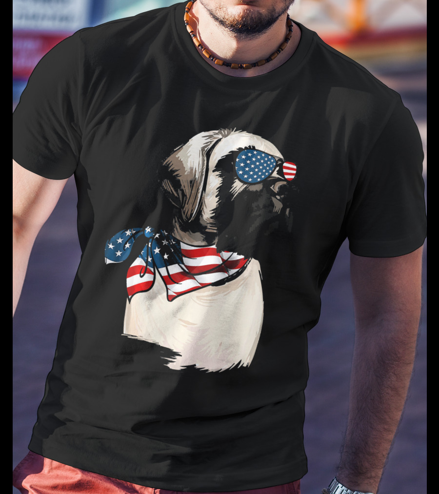 American Flag English Mastiff With Patriotic Stars And Stripes Sunglasses And Scarf T-Shirt