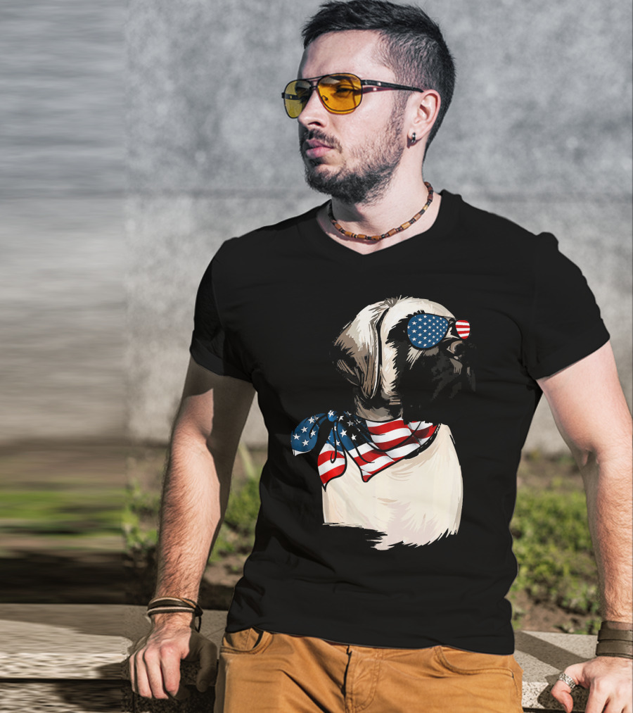 American Flag English Mastiff With Patriotic Stars And Stripes Sunglasses And Scarf T-Shirt
