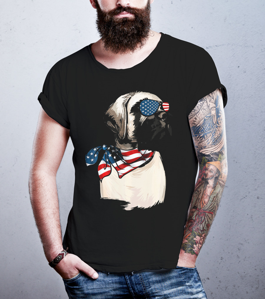 American Flag English Mastiff With Patriotic Stars And Stripes Sunglasses And Scarf T-Shirt