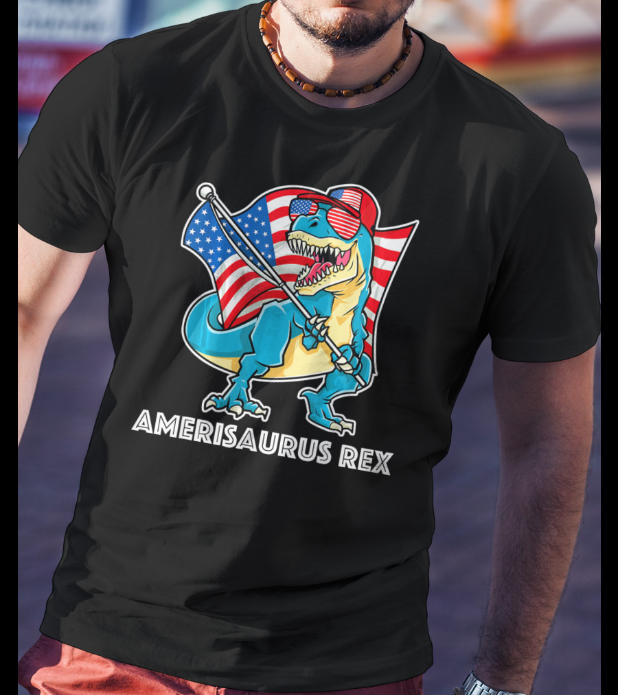Amerisaurus Rex Patriotic Dinosaur With American Flag And Sunglasses T-Shirt