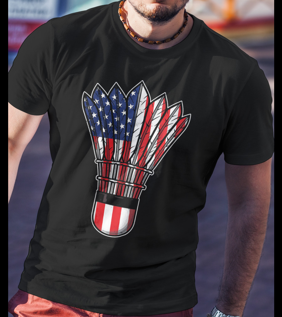 Funny Badminton Shuttlecock American Flag Patriot Player Love T-Shirt