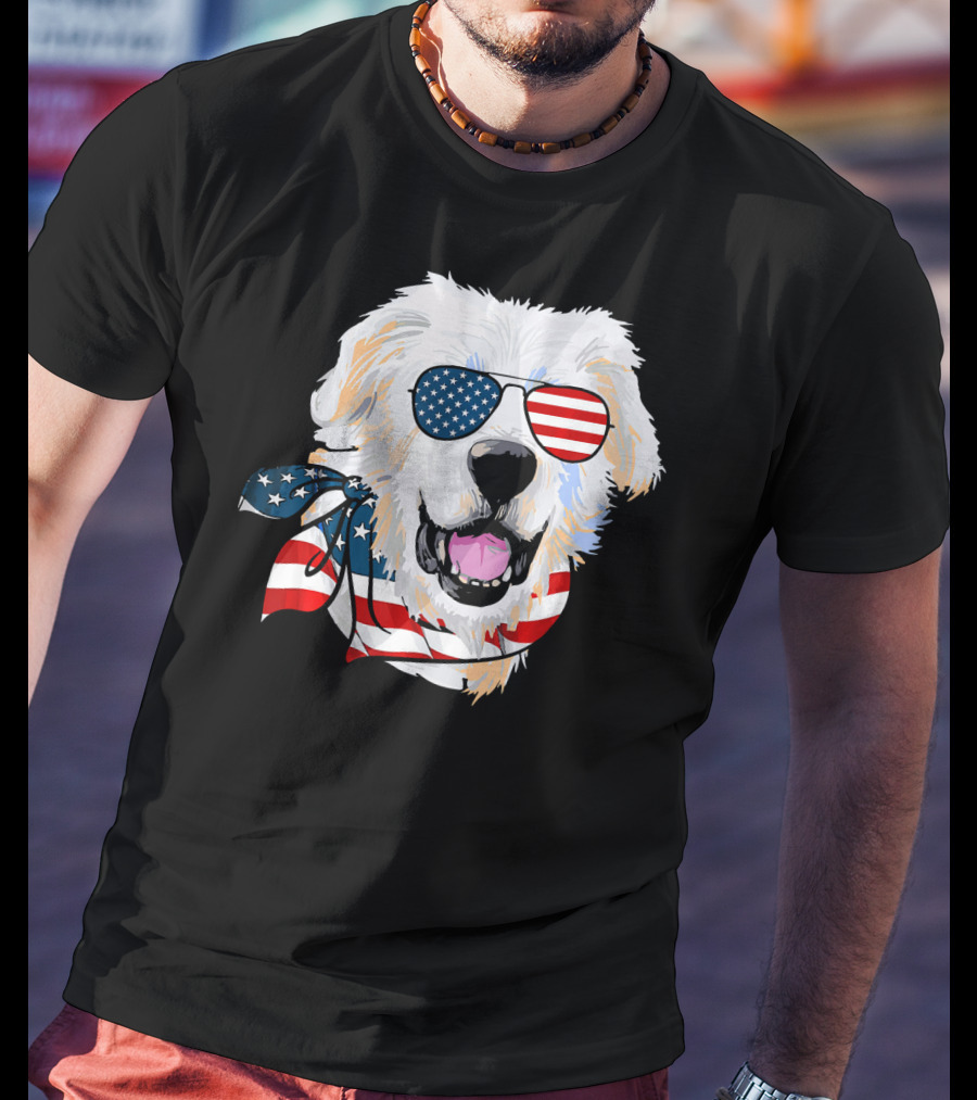 American Flag Great Pyrenees Dog With Patriotic Sunglasses And Bandana T-Shirt