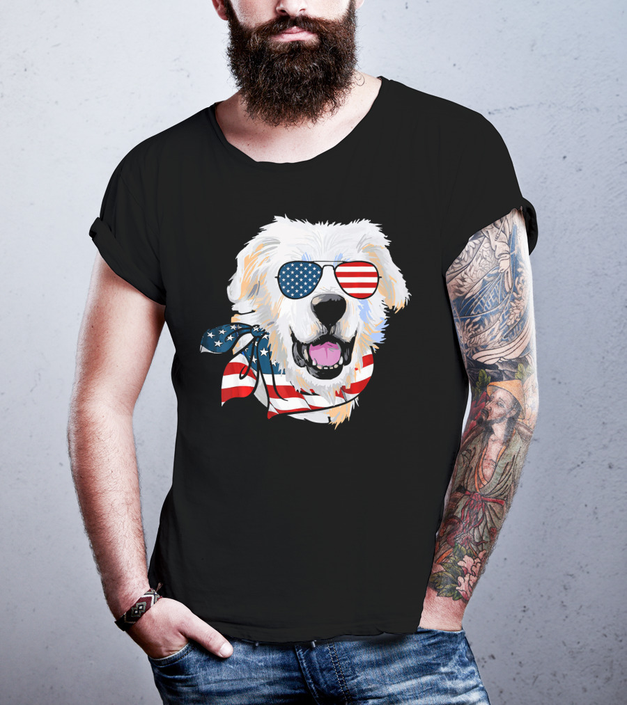 American Flag Great Pyrenees Dog With Patriotic Sunglasses And Bandana T-Shirt