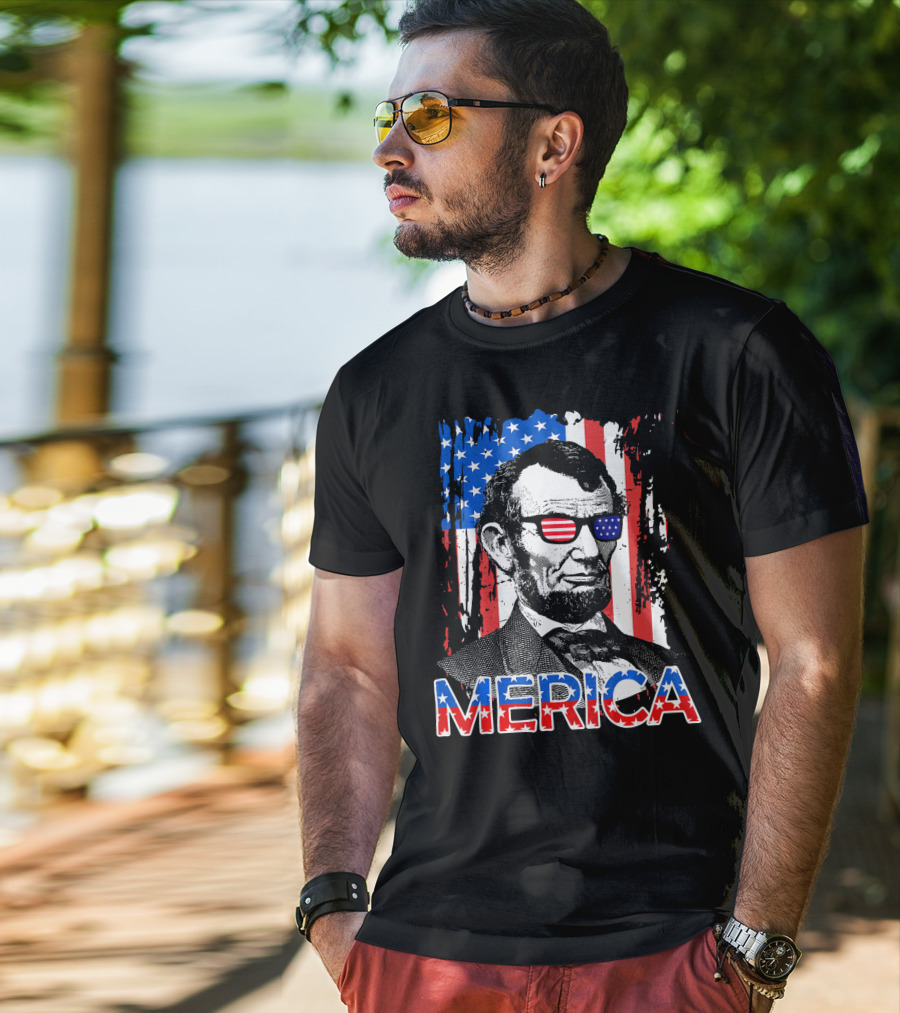 Merica American Flag Abe Lincoln With Sunglasses T-Shirt