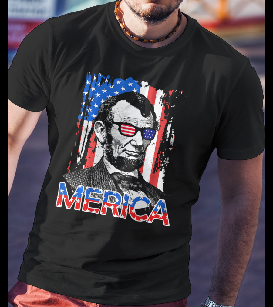 Merica American Flag Abe Lincoln With Sunglasses T-Shirt