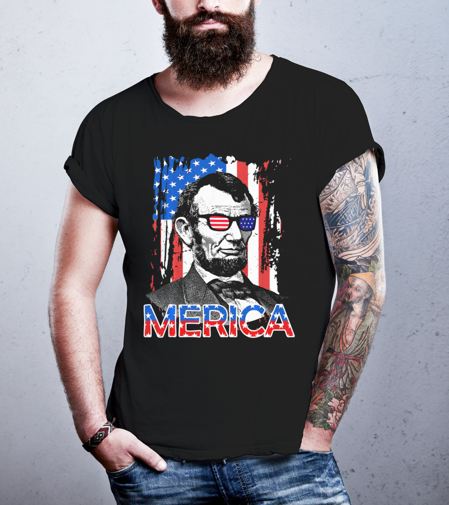 Merica American Flag Abe Lincoln With Sunglasses T-Shirt