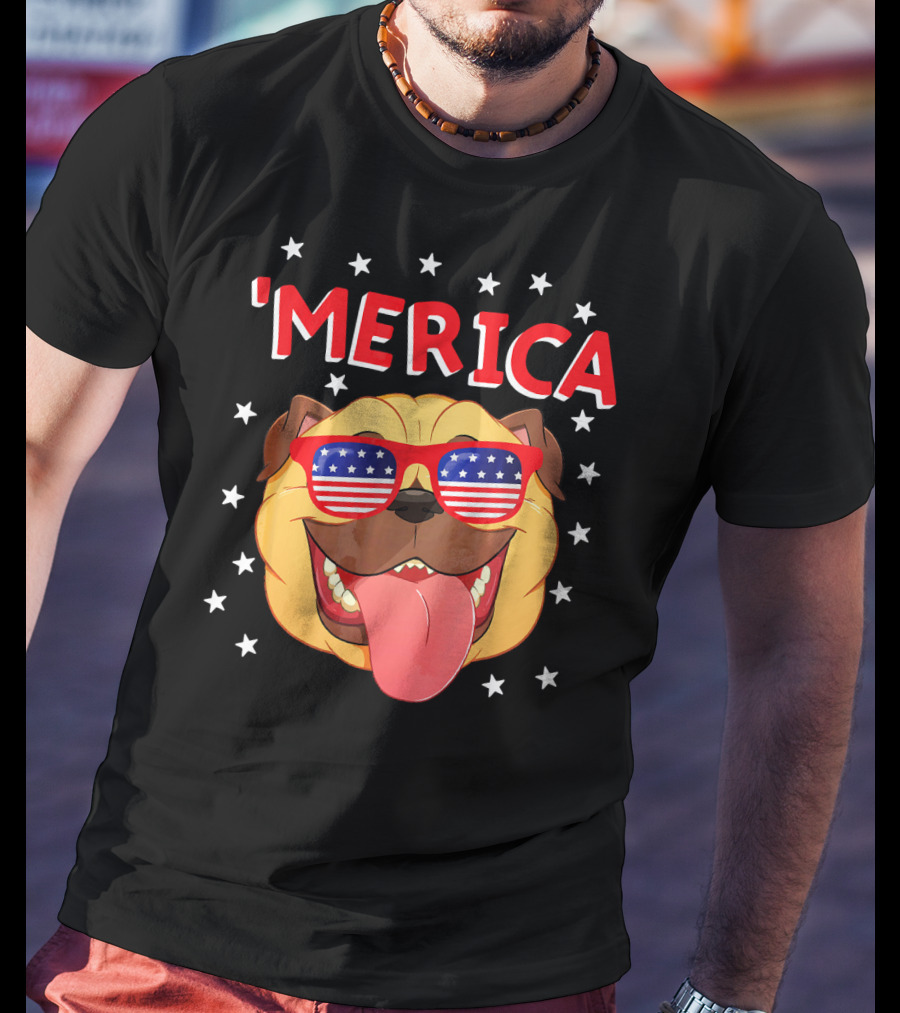 'Merica Pug Wearing American Flag Sunglasses With Stars T-Shirt
