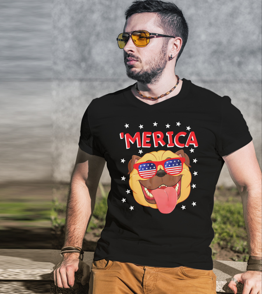 'Merica Pug Wearing American Flag Sunglasses With Stars T-Shirt