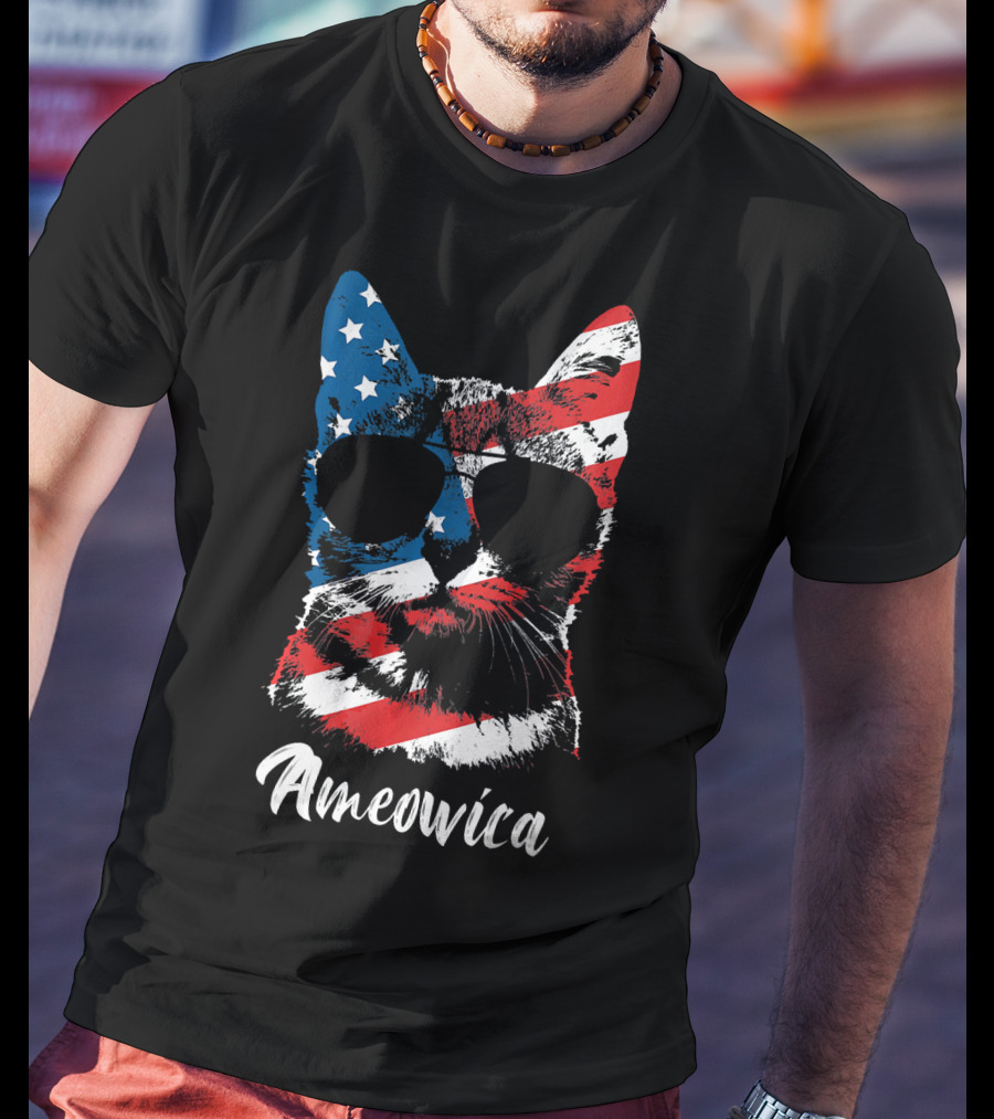 Ameowica Funny Cat Lover Patriotic Stars And Stripes Sunglasses T-Shirt