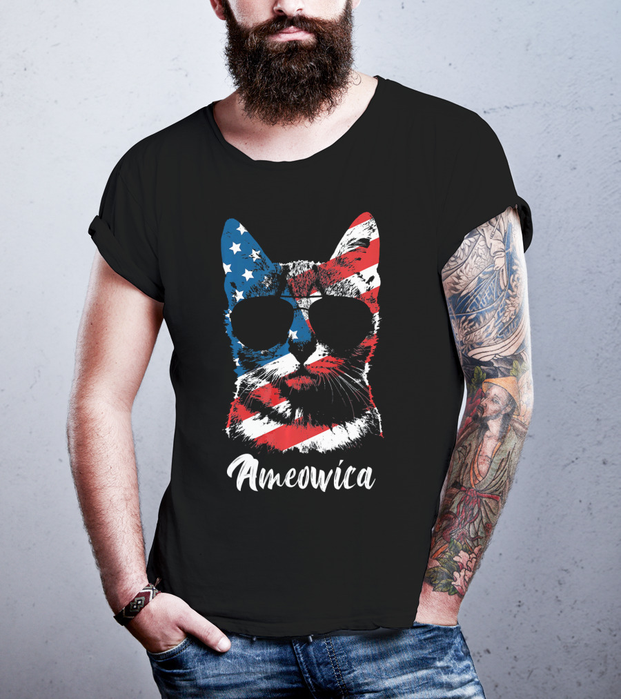 Ameowica Funny Cat Lover Patriotic Stars And Stripes Sunglasses T-Shirt