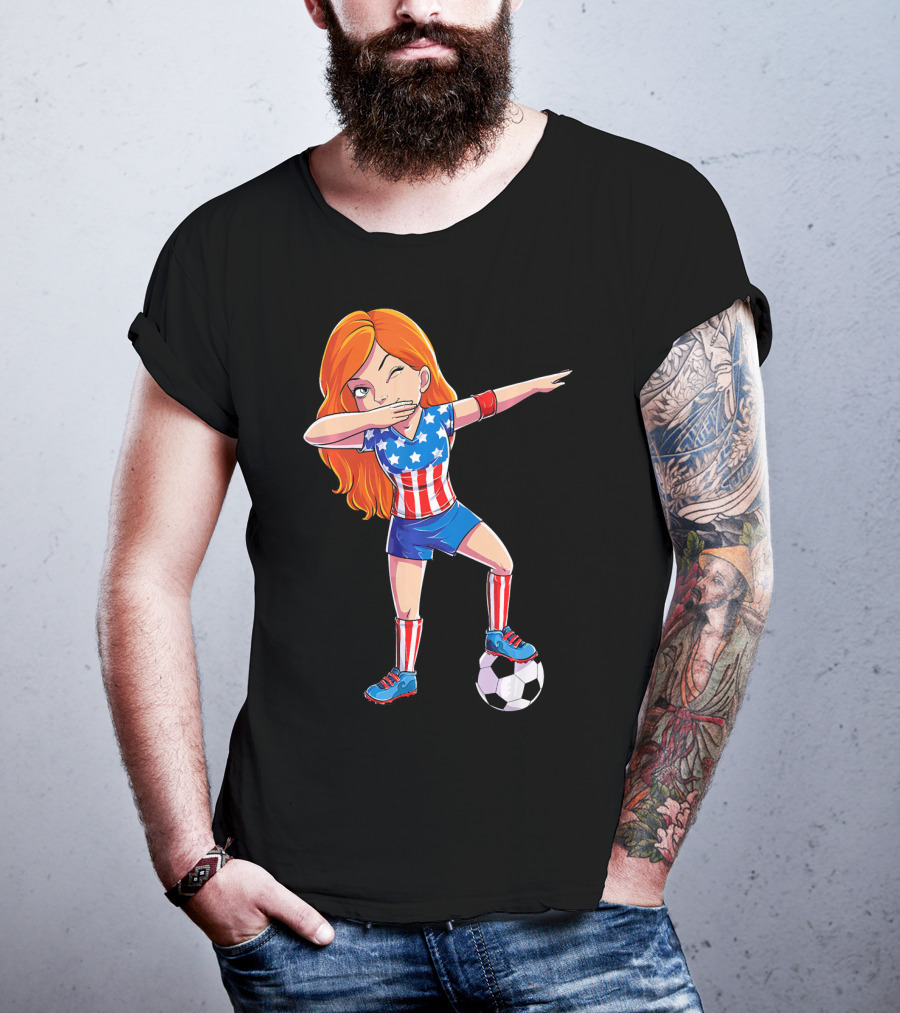 Dabbing Soccer Girl USA Flag Stars And Stripes Jersey T-Shirt
