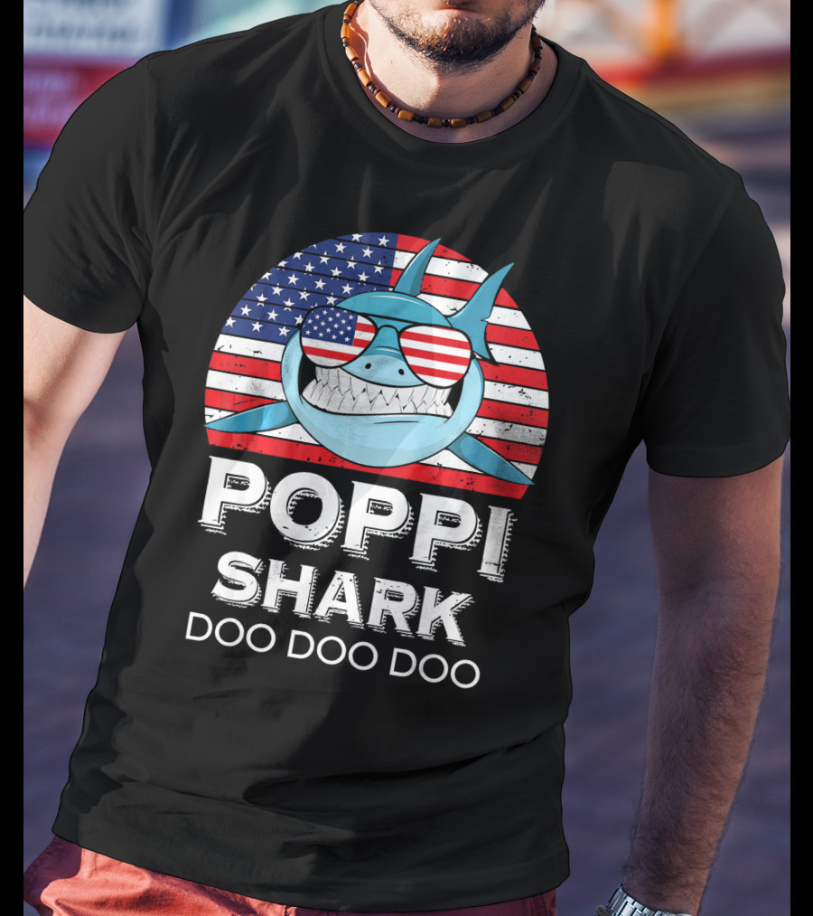 Poppi Shark Doo Doo Doo American Flag Sunglasses T-Shirt